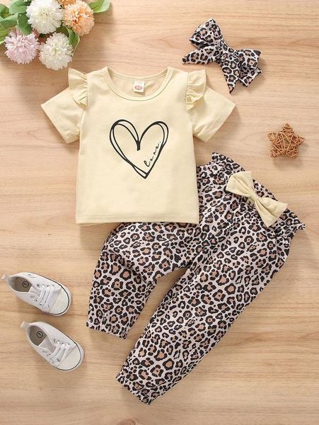 

baby heart print ruffle trim tee & leopard print bow pants & headband she, White