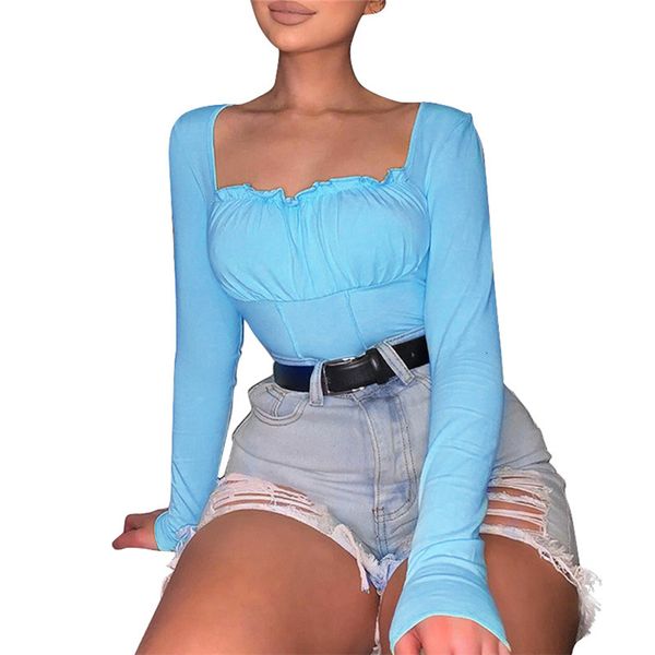 

hirigin women solid color crop square neck long sleeve slim youth shirts 2020 women's t-shirts girls top, White