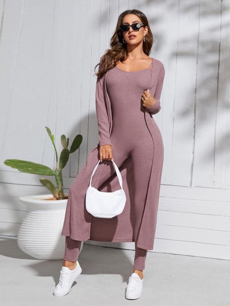 

waffle knit longline coat & unitard jumpsuit q1ht#, White