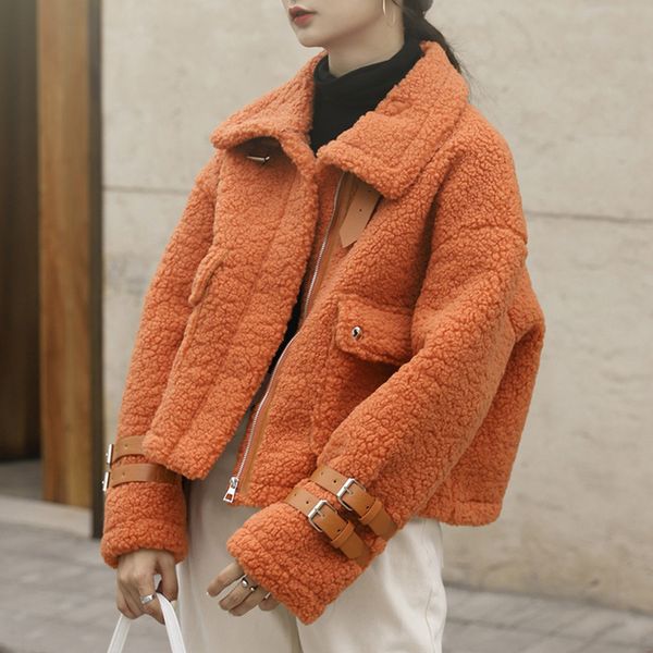 

2021 new winter women sheepskin thick warm coat streetwear female faux leather jacket long sleeve moto biker outwear 2eu6, Black