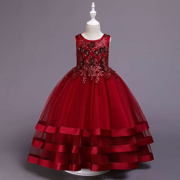 

handmade cuhk children's beaded lace wedding long skirt girls' satin striped performance princs drs, Red;yellow