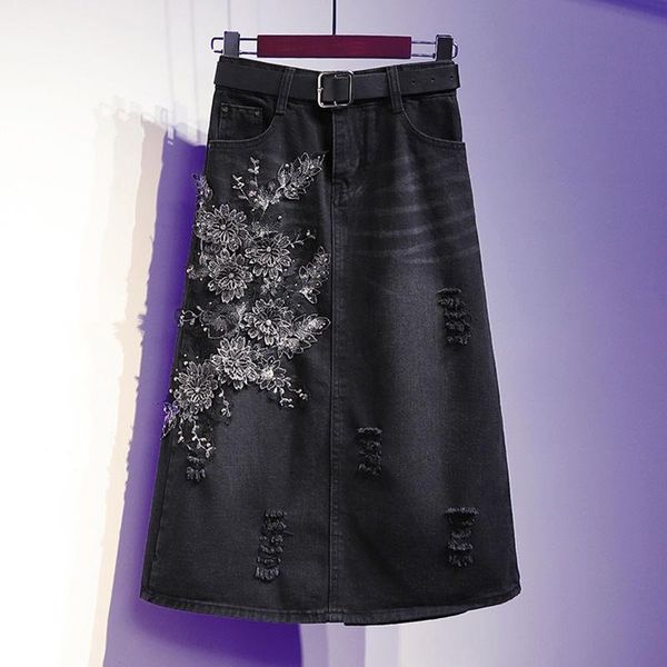 

new arrival spring autumn korea fashion women high waist knee-length denim skirt embroidery floral a-line skirt plus size s826, Black