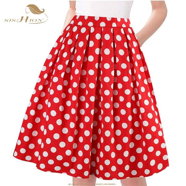 

sishion 50s 60s plus size swing skirts retro high waist pleated rockabilly vintage polka dots skirt jurken women clothing ss0012, Black