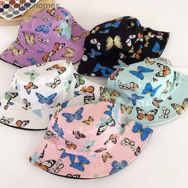 

summer korean spring chic fisherman's and hat children's net red korean butterfly printing basin hat double side sun protection ha, Blue;gray