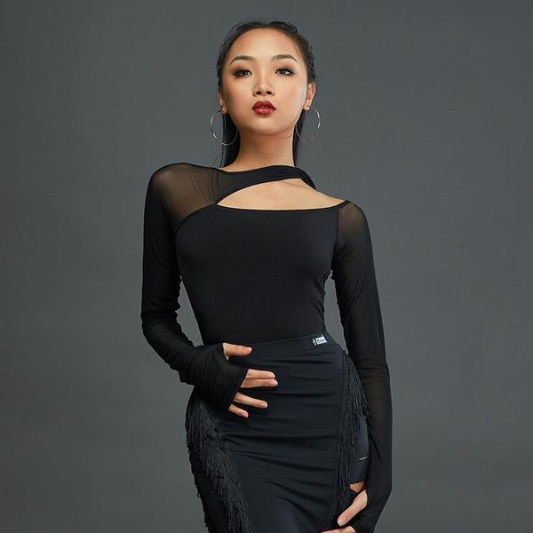 

stage wear women latin dance long sleeved practice clothes performance ballroom competition dresses dn7207, Black;red