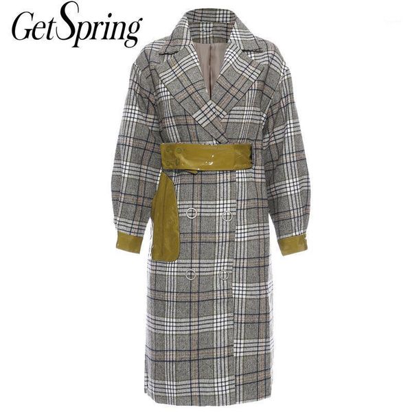 

getspring women trench coat patchwork plaid trench coat women vintage long woolen overcoat autumn winter overcoat 20201, Tan;black