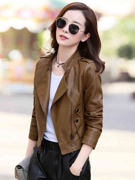 

women's jackets leather jacket women plus size4xl short imitate soft sheepskin coat spring fall korean fashion stand collar slim biker, Black;brown