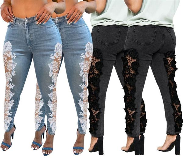 

women's jeans 2021 lace womens see through mid waist for women casual light blue ladies denim pants
