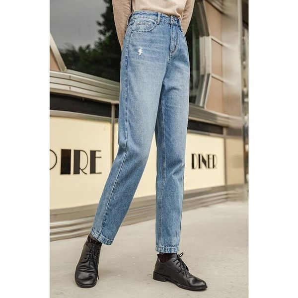 

cat whisker hole white casual pants women's jeans 2021 winter new arrivals straight loose pure cotton fashion, Blue