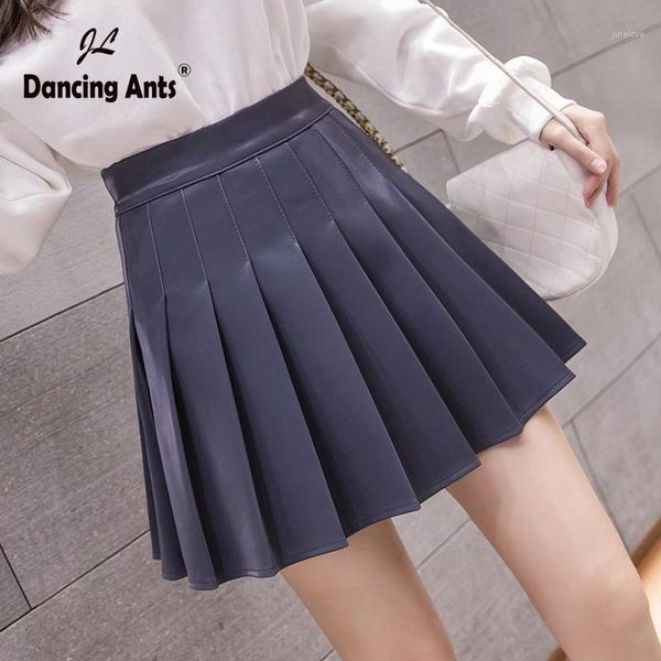 

a-line pu skirts oversize high waist female casual pleated leather skirt for teenagers office1, Black