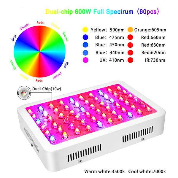 

600w dual chips 380-730nm full light spectrum led plant growth lamp white grow lights high brightness