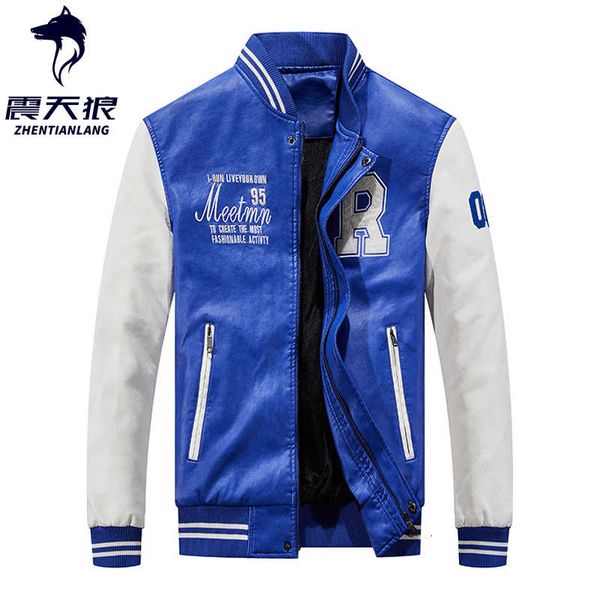

2021 embroidery baseball jackets men pu faux leather jacket male motorcycle luxury fleece pilot letter stand bomber men coats, Black