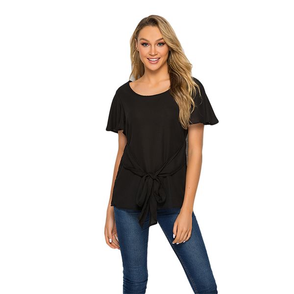 

summer women's t shirt solid color o neck bow chiffon short sleeve casual camiseta mujer loose top, White