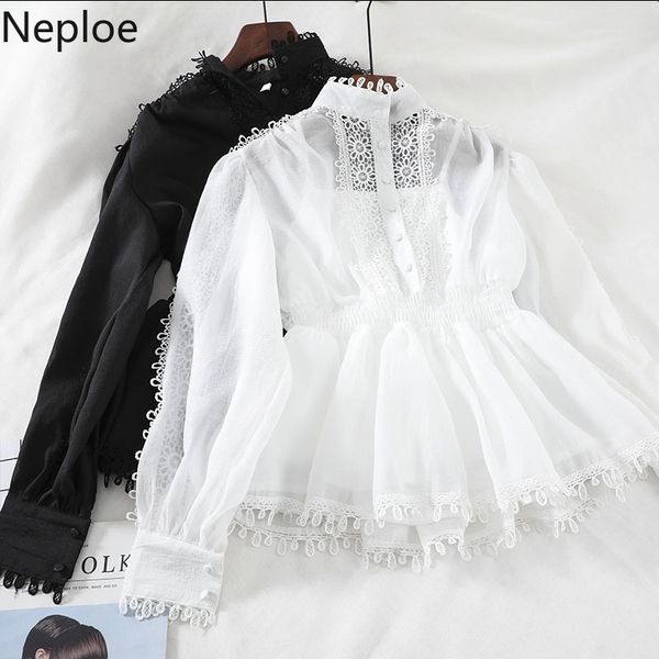 

neploe women blouses and korean long sleeve patchwork lace shirts white blouse hollow tunic shirt ladies chic blusas 90226 y200402