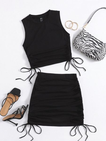 

ruched drawstring tank & skirt set y8bk#, White