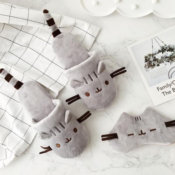 

slippers cute cozy home indoor warm cat street cartoon plush travel airplane sleep animal flat for women shoes, Black