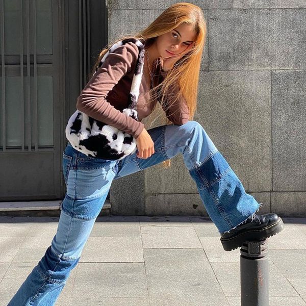

women's jeans patchwork y2k women vintage retro harajuku fashion jogger straight e girl pants high waisted denim sweatpants, Blue