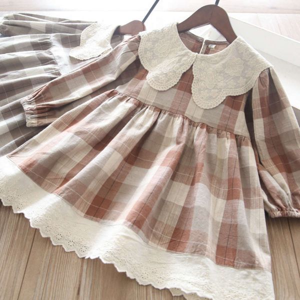 

6682 new product ~ 332820 spring girls' 2-color lace flower lapel plaid drs, Red;yellow