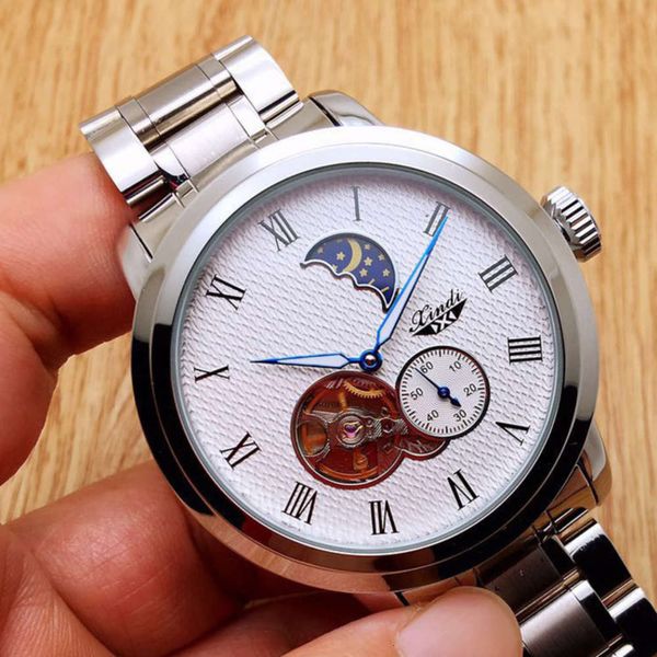 

mechanical solid moon phase flywheel steel automatic band butterfly button men's watch 2021su9lxyim, Slivery;brown