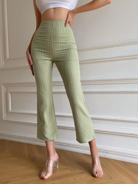 

high waist plaid cropped pants u2kh#, Black;white