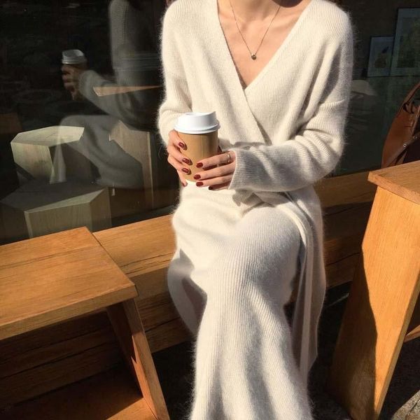 

2020 elegant bandage v-neck waist slim long sweater dress vintage warm autumn winter knitted sweater women one-piece dress femme, Black;gray
