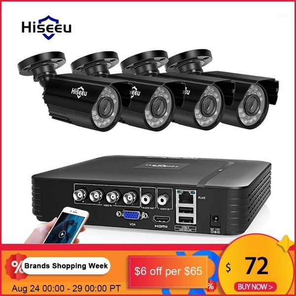 Hiseeu Home Security Cameras System Видеоизобразование Kit CCTV 4CH 720P 4шт Открытый AHD Камера