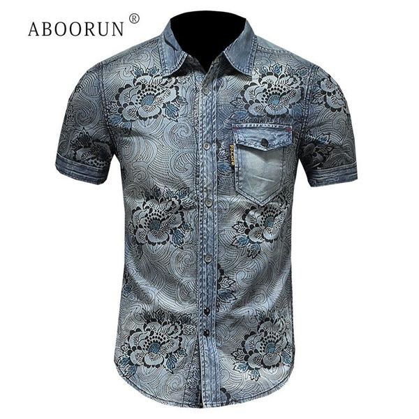 

aboorun men's summer denim shirts vintage flower printed denim shirts casual cotton for male, White;black
