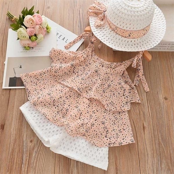 

girls clothing sets 2020 summer new kids set floral chiffon halter + embroidered white shorts straw hat set 3pc girls clothes lj200818