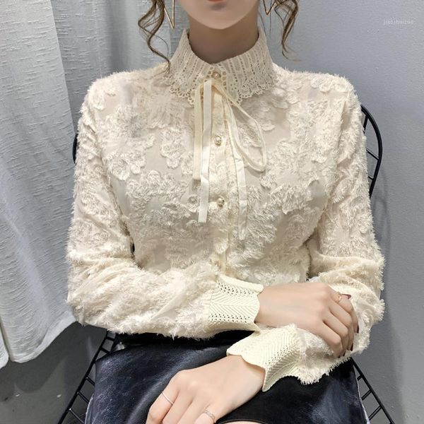 

new 2021 autumn long sleeve women fashion casual turtleneck lace shirt lace embroidery jacquard blouse shirt1, White