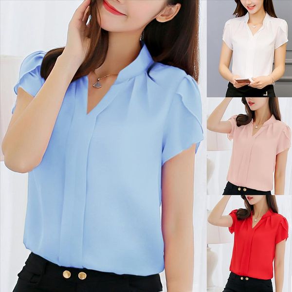 

blouse women summer work office v neck short sleeve solid chiffon blusas plus shirt drop shipping, White