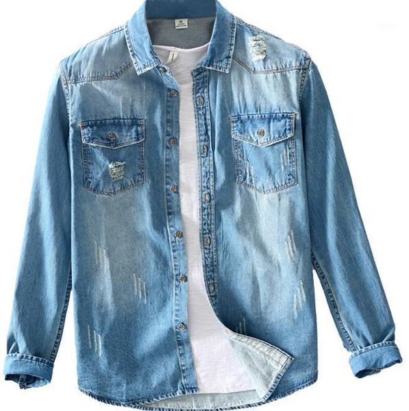 

hole men's denim shirt spring autumn loose men shirts casual cowboy long sleeve jeans wear fashion mens dress xxxl1, White;black