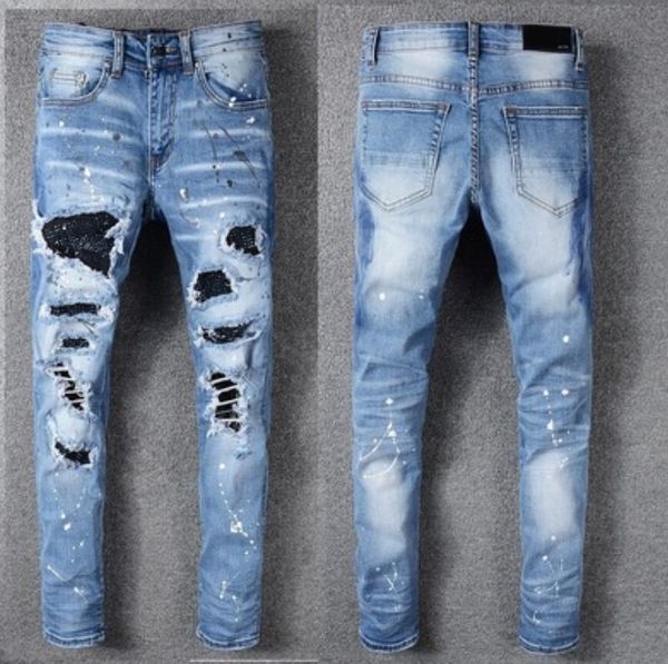 

2022 men jeans new fashion mens stylist black blue jeans skinny ripped destroyed stretch slim fit hop pants with holes for