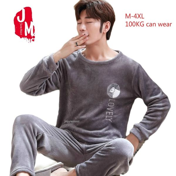 

4xl plus size men pajama sets winter long coral fleece cartoon stripe thick warm sleepwear boys pijama mujer casual pyjamas 201109, Black;brown