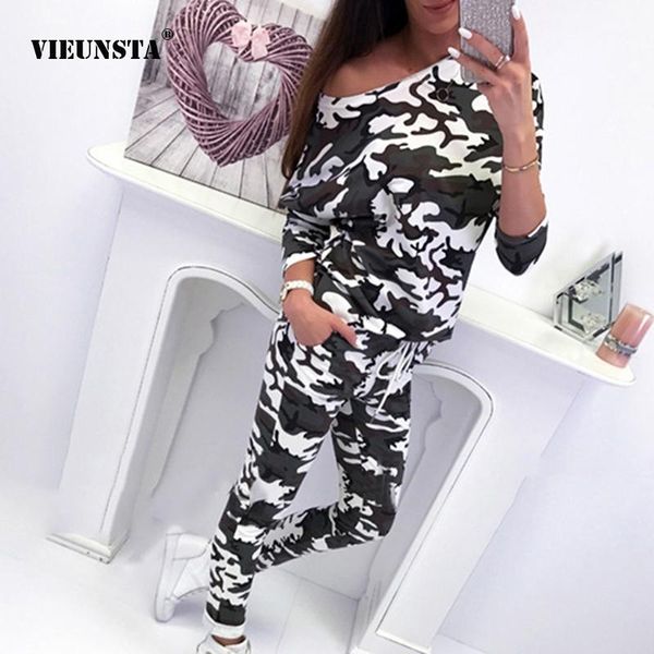 

vieunsta off one shoulder camouflage two piece sets leopard print hoodies sweatshirts and pants with pocket women sets suit1, White