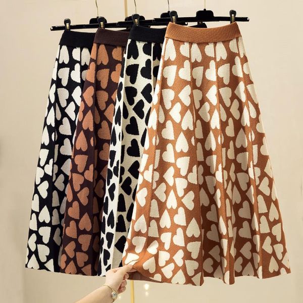 

love print knitted skirts womens autumn winter 2020 high waist slim long skirt for women casual fashion a-line skirt black khaki