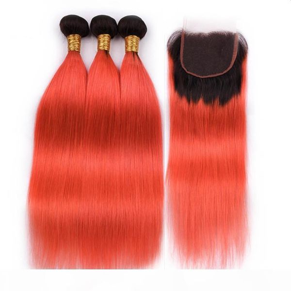 

#1b orange ombre virgin indian human hair weaves silky straight with closure dark root orange ombre 4x4 lace closure with weave bundles, Black