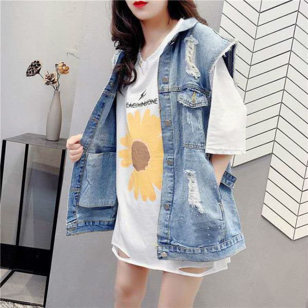

new 2021 spring denim woman's vest vintage single jacket breasted hole with no sleeves jeans jackets y165 rgb1 80j7, Black;white