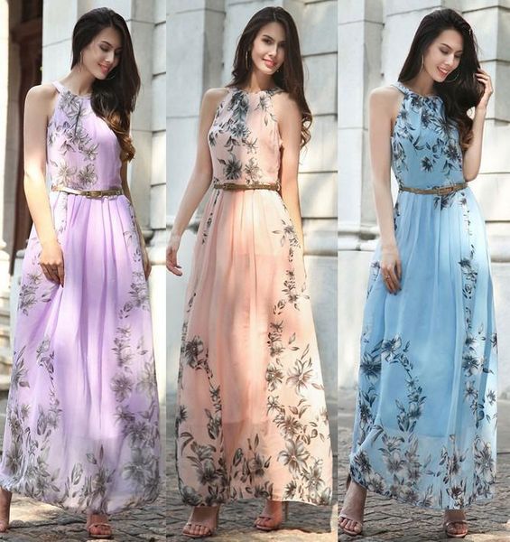 

maxi long bohemia printed chiffon beach dress sleeveless plus size hanging neck dress for women elegant pring loose dresses1, Black;gray