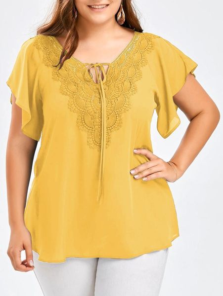

2021 summer new women fashion short sleeve v-neck lace floral loose plus size blouses casual solid chiffon shirts 1, White