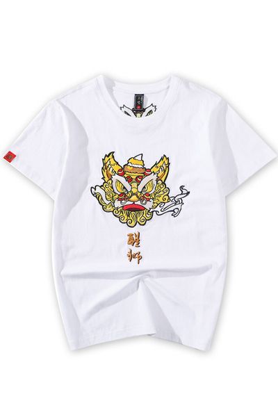 

2021 new cotton embroidered shirt short sleeve lion casual chinese fashion t streetwear male youth qshd, White;black