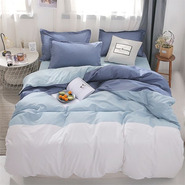 Azul branco conjunto de cama listrado set rainha cama king size linne conjuntos liso reativo impresso dupla colcha capa folha de cama travesseiro 201021