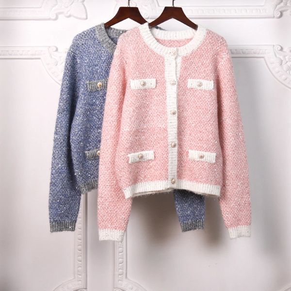 

1210 2021 spring sweater long sleeve crew neck cardigan pink blue sweater luxury womens clothes qian, White;black