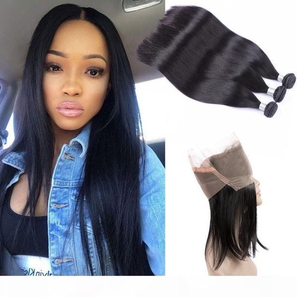 

brazilian virgin hair extensions 8-30inch 3 bundles with 360 lace frontal straight 9a human hair wefts with 360 frontal pre plucked, Black;brown