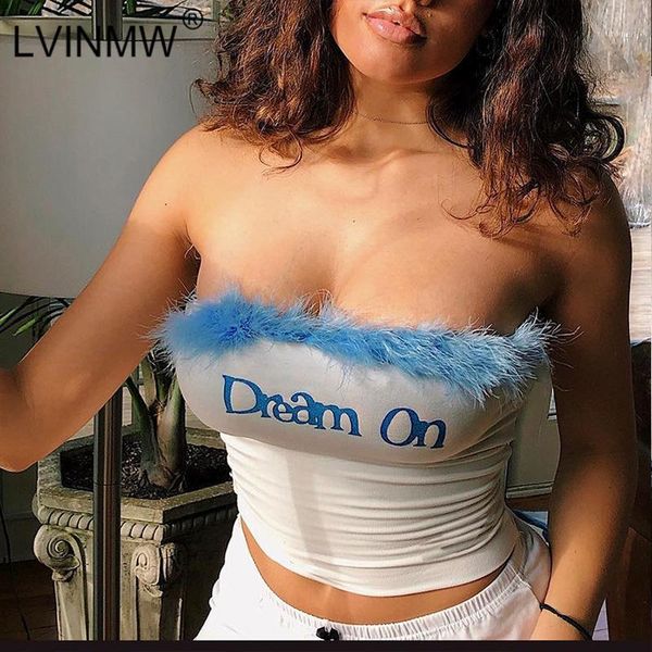 

lvinmw letter embroidery strapless tube 2019 summer women fleece fur patchwork slash neck slim corp lady streetwear1, White