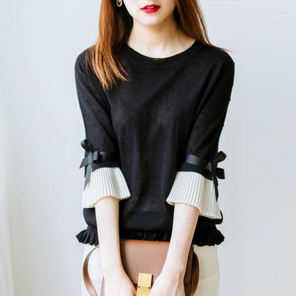 

fashion western style wave dot pure color butterfly organ sleeve folds hem t-shirt women female 1, White