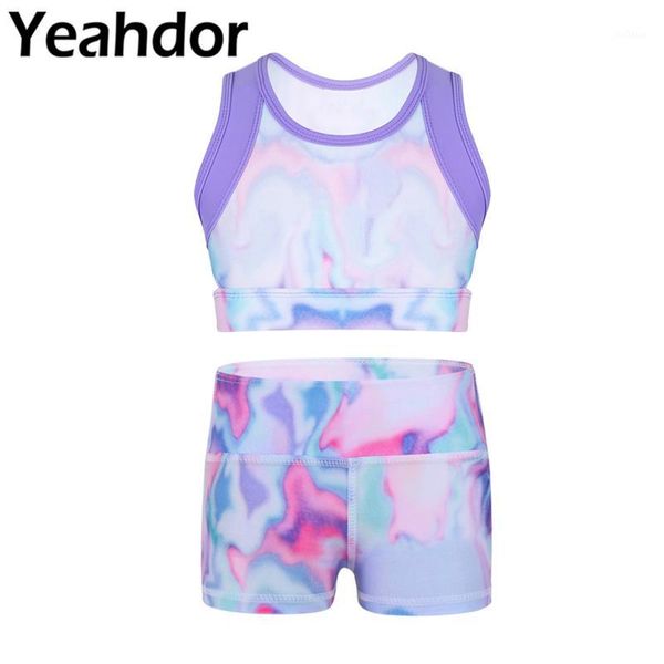 

kids girls colorful stretchy sleeveless tie-dye ballet dance tanks crop boy-cut dance shorts bottoms for workout gym sports1, Black;red