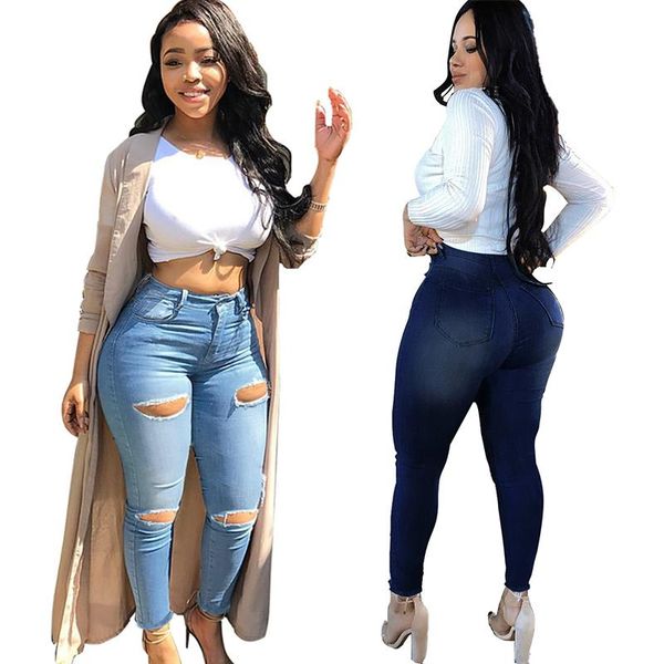 

women's jeans skinny distressed denim high waist women cut out autumn winter 2021 pencil pants fashion street style trousers, Blue