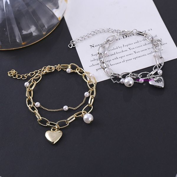 

cold wind can love sweet pearl double-layer bracelet temperament peach heart pendant honey bracelet, Silver