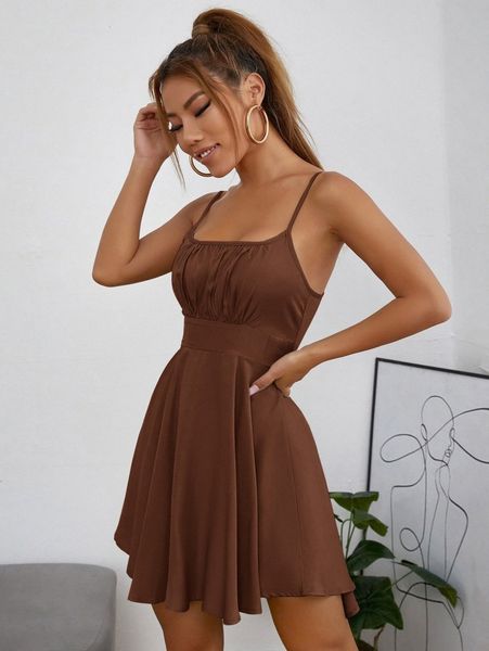 

petite ruched bust flare hem cami dress f9bx#, Black;gray