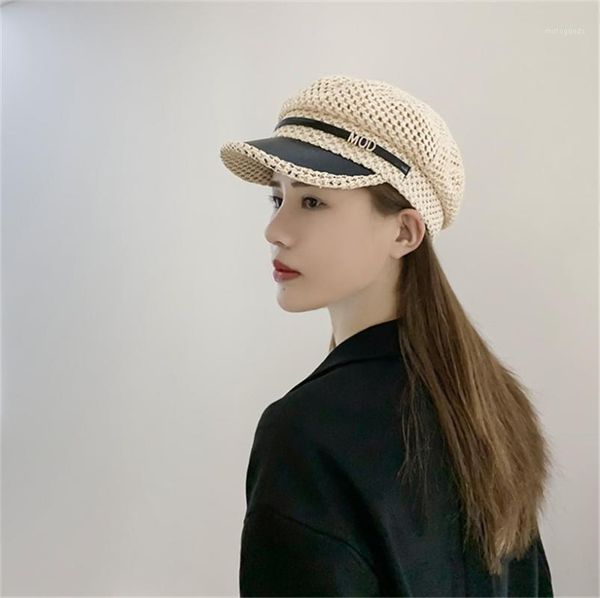 

stingy brim hats luxury summer hat womens straw sailor beret caps with pearls diamond flat female travel cadet letters captain cap1, Blue;gray